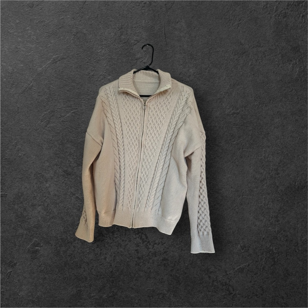 SHEIN Cream Cable Knit Zip-Up Sweater